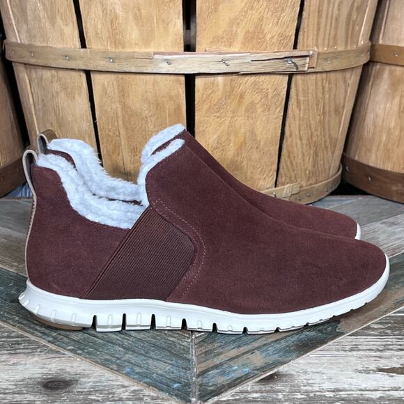 Cole Haan ZeroGrand Rust Red Suede Slip-On Fur Wool Ankle Booties Women Size 6.5 - Picture 1 of 11